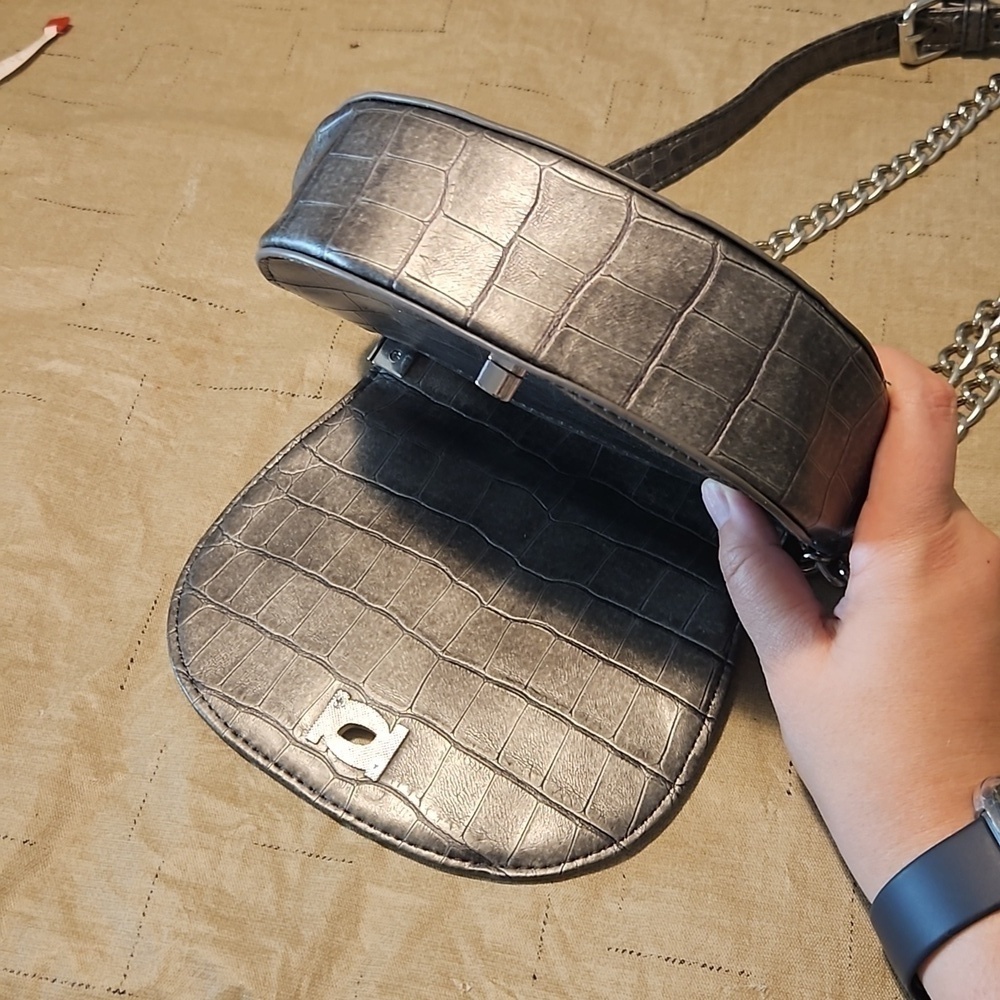 Bebe Silver Pewter Faux Leather Baguette Bag - Picture 5 of 9